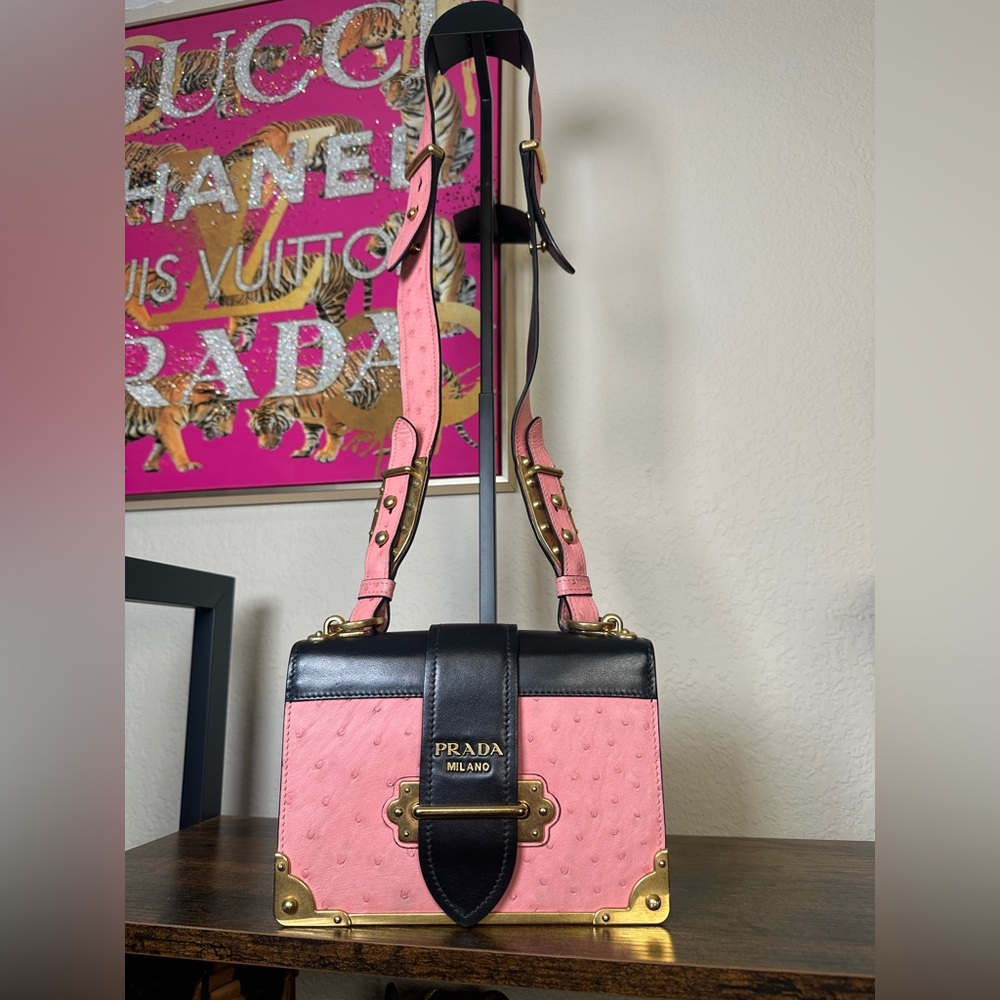 Prada Cahier Ostrich Pink & Black Leather Hand & Crossbody Bag - Picture 1 of 16